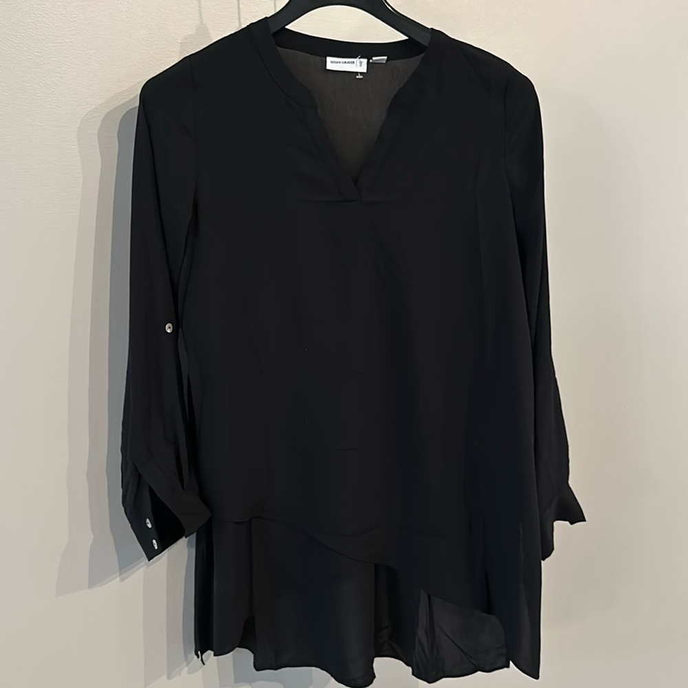 Susan Graver roll tan sleeve multi layer front tunic